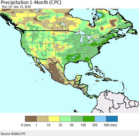 North America Precipitation 1-Month (CPC) Thematic Map For 3/16/2024 - 4/15/2024