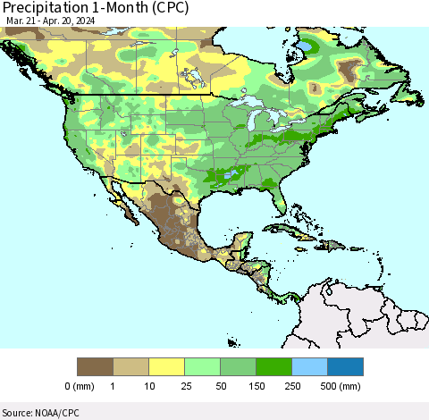 North America Precipitation 1-Month (CPC) Thematic Map For 3/21/2024 - 4/20/2024