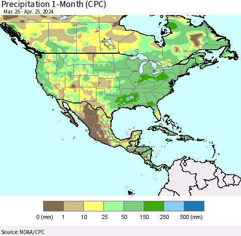 North America Precipitation 1-Month (CPC) Thematic Map For 3/26/2024 - 4/25/2024