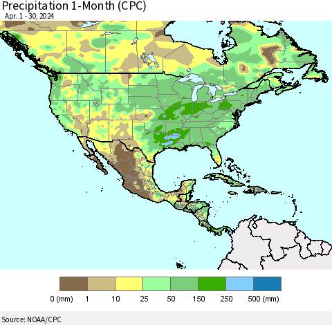 North America Precipitation 1-Month (CPC) Thematic Map For 4/1/2024 - 4/30/2024