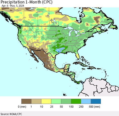 North America Precipitation 1-Month (CPC) Thematic Map For 4/6/2024 - 5/5/2024