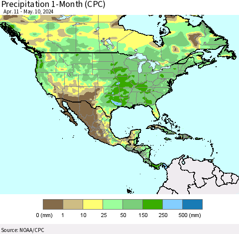North America Precipitation 1-Month (CPC) Thematic Map For 4/11/2024 - 5/10/2024