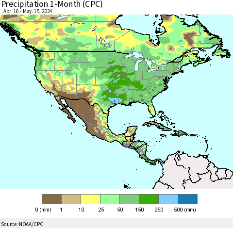 North America Precipitation 1-Month (CPC) Thematic Map For 4/16/2024 - 5/15/2024