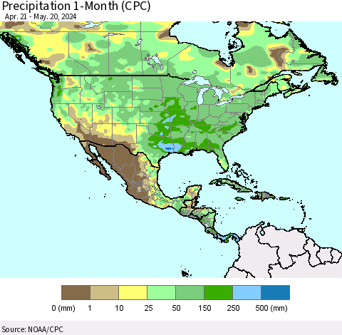North America Precipitation 1-Month (CPC) Thematic Map For 4/21/2024 - 5/20/2024