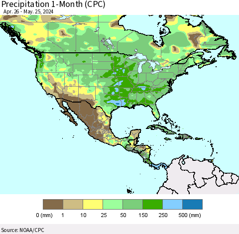 North America Precipitation 1-Month (CPC) Thematic Map For 4/26/2024 - 5/25/2024