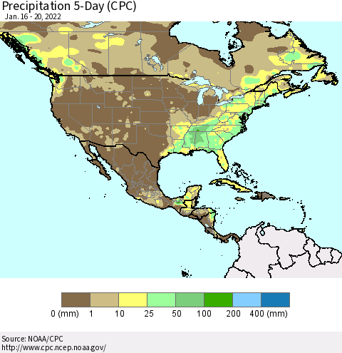 North America Precipitation 5-Day (CPC) Thematic Map For 1/16/2022 - 1/20/2022