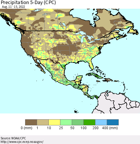North America Precipitation 5-Day (CPC) Thematic Map For 8/11/2022 - 8/15/2022