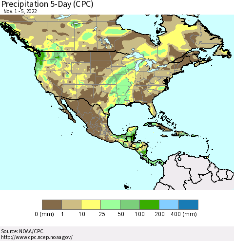 North America Precipitation 5-Day (CPC) Thematic Map For 11/1/2022 - 11/5/2022