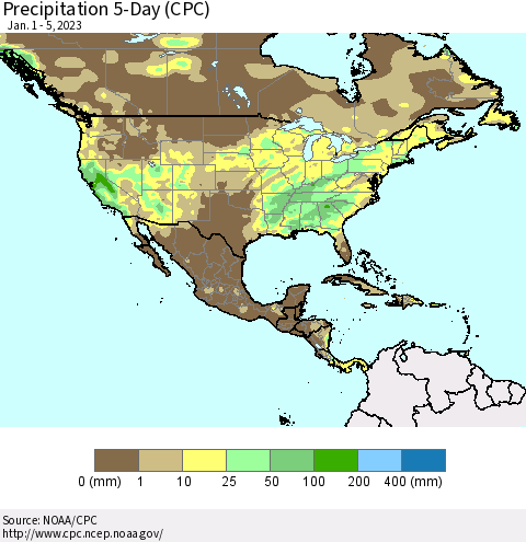North America Precipitation 5-Day (CPC) Thematic Map For 1/1/2023 - 1/5/2023