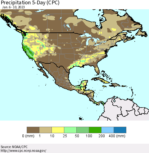 North America Precipitation 5-Day (CPC) Thematic Map For 1/6/2023 - 1/10/2023