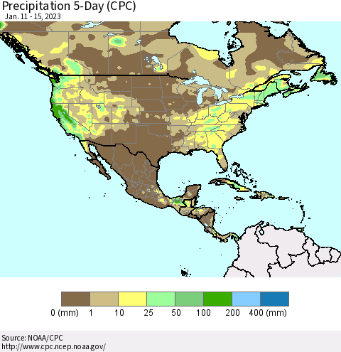 North America Precipitation 5-Day (CPC) Thematic Map For 1/11/2023 - 1/15/2023