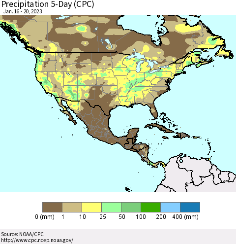 North America Precipitation 5-Day (CPC) Thematic Map For 1/16/2023 - 1/20/2023