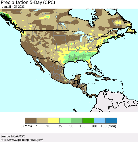 North America Precipitation 5-Day (CPC) Thematic Map For 1/21/2023 - 1/25/2023