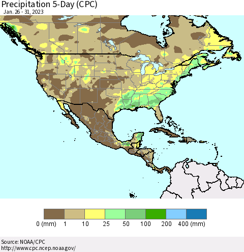 North America Precipitation 5-Day (CPC) Thematic Map For 1/26/2023 - 1/31/2023