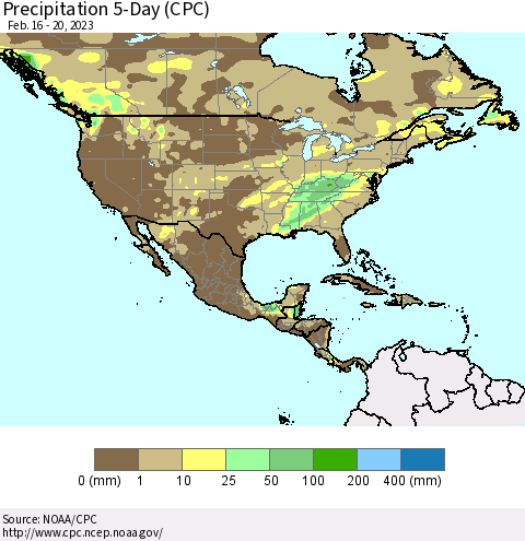 North America Precipitation 5-Day (CPC) Thematic Map For 2/16/2023 - 2/20/2023