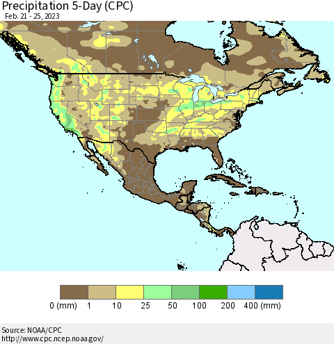 North America Precipitation 5-Day (CPC) Thematic Map For 2/21/2023 - 2/25/2023