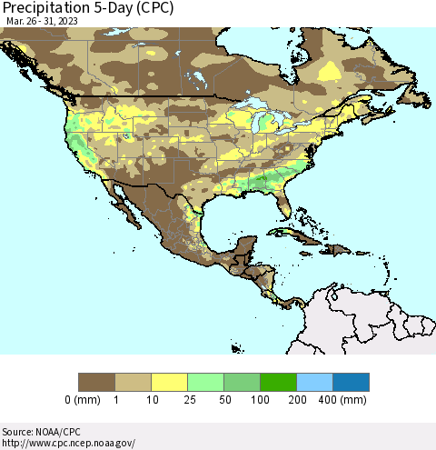 North America Precipitation 5-Day (CPC) Thematic Map For 3/26/2023 - 3/31/2023
