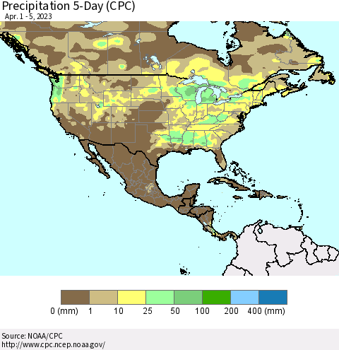 North America Precipitation 5-Day (CPC) Thematic Map For 4/1/2023 - 4/5/2023