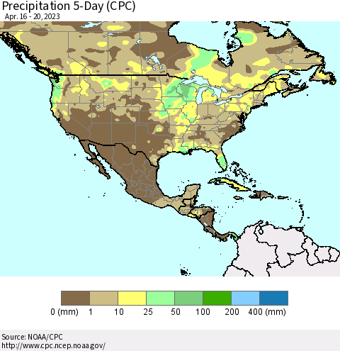North America Precipitation 5-Day (CPC) Thematic Map For 4/16/2023 - 4/20/2023