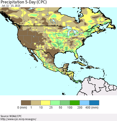 North America Precipitation 5-Day (CPC) Thematic Map For 7/11/2023 - 7/15/2023