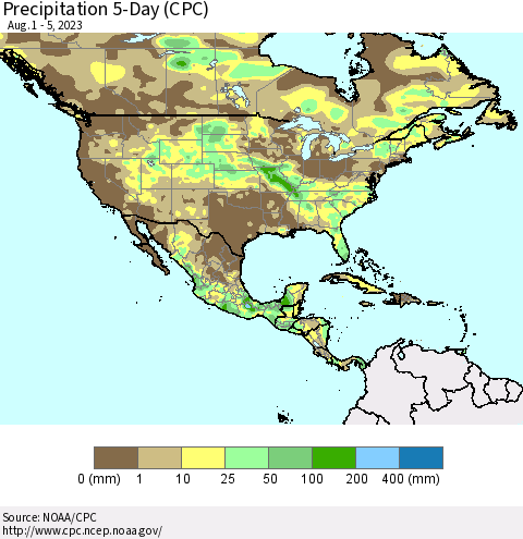 North America Precipitation 5-Day (CPC) Thematic Map For 8/1/2023 - 8/5/2023