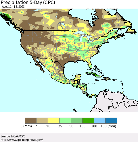 North America Precipitation 5-Day (CPC) Thematic Map For 8/11/2023 - 8/15/2023