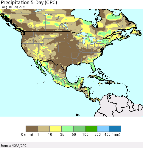 North America Precipitation 5-Day (CPC) Thematic Map For 8/16/2023 - 8/20/2023