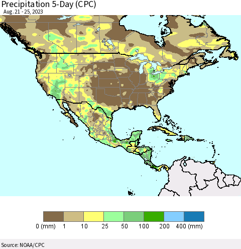 North America Precipitation 5-Day (CPC) Thematic Map For 8/21/2023 - 8/25/2023