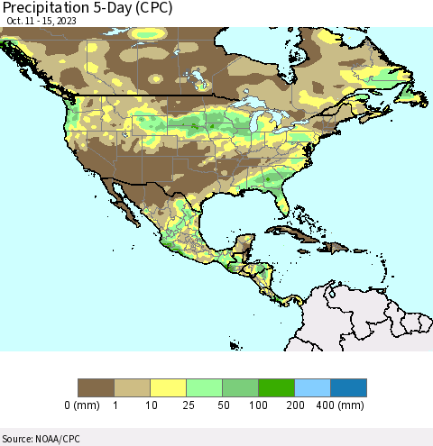 North America Precipitation 5-Day (CPC) Thematic Map For 10/11/2023 - 10/15/2023