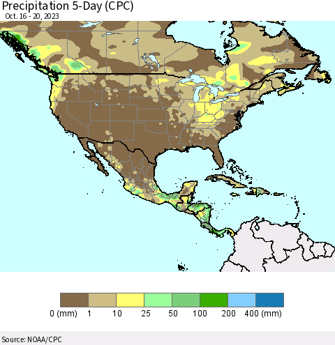 North America Precipitation 5-Day (CPC) Thematic Map For 10/16/2023 - 10/20/2023