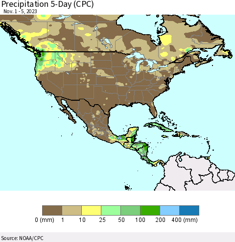 North America Precipitation 5-Day (CPC) Thematic Map For 11/1/2023 - 11/5/2023