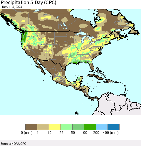 North America Precipitation 5-Day (CPC) Thematic Map For 12/1/2023 - 12/5/2023