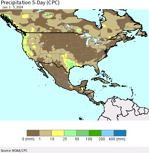 North America Precipitation 5-Day (CPC) Thematic Map For 1/1/2024 - 1/5/2024