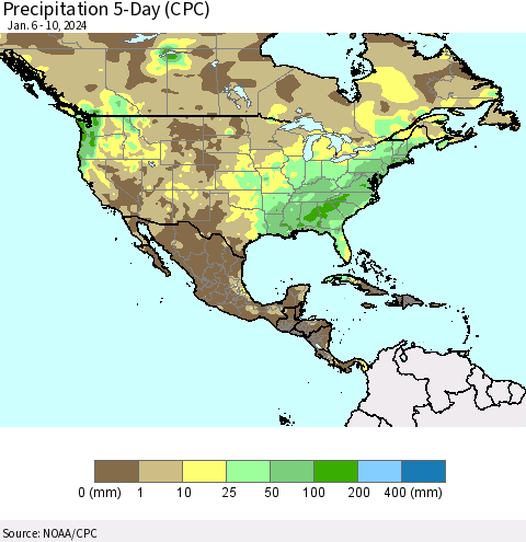 North America Precipitation 5-Day (CPC) Thematic Map For 1/6/2024 - 1/10/2024