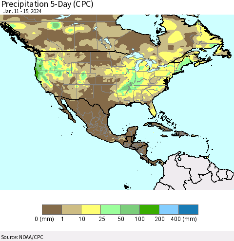 North America Precipitation 5-Day (CPC) Thematic Map For 1/11/2024 - 1/15/2024