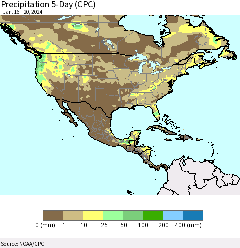North America Precipitation 5-Day (CPC) Thematic Map For 1/16/2024 - 1/20/2024