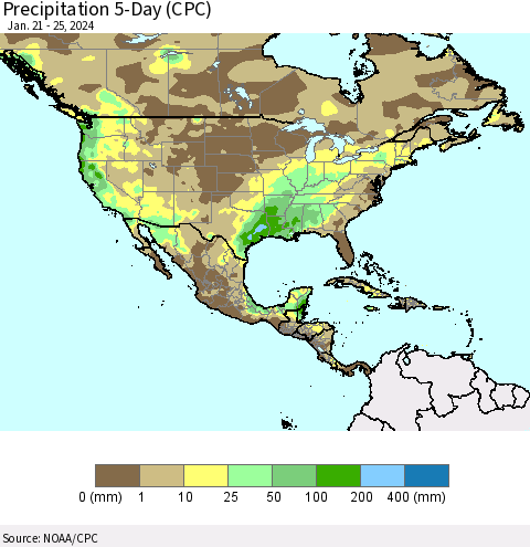 North America Precipitation 5-Day (CPC) Thematic Map For 1/21/2024 - 1/25/2024