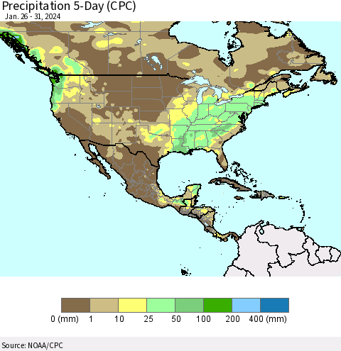 North America Precipitation 5-Day (CPC) Thematic Map For 1/26/2024 - 1/31/2024