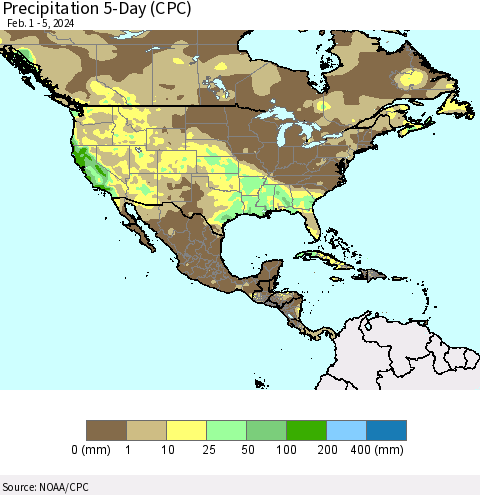 North America Precipitation 5-Day (CPC) Thematic Map For 2/1/2024 - 2/5/2024