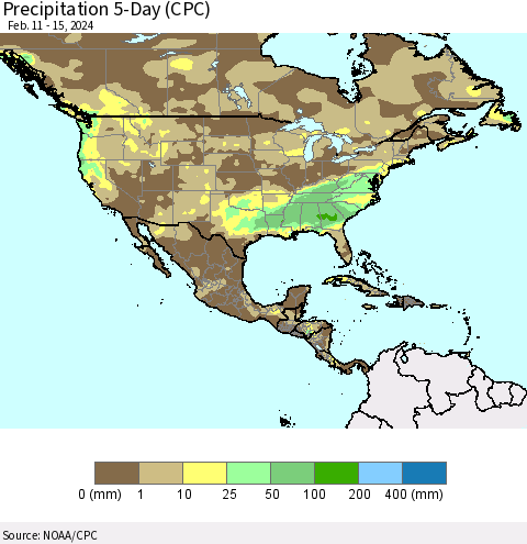 North America Precipitation 5-Day (CPC) Thematic Map For 2/11/2024 - 2/15/2024