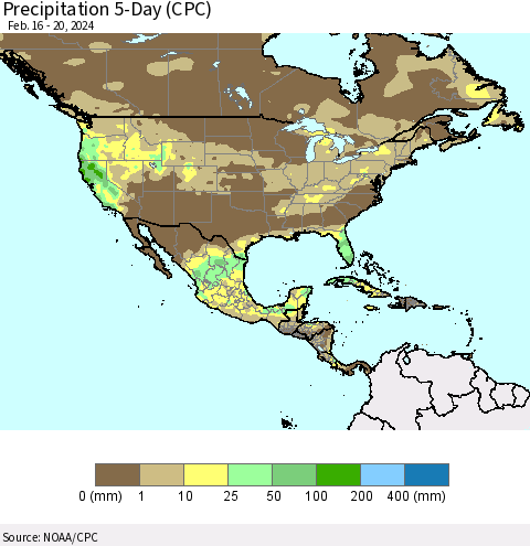 North America Precipitation 5-Day (CPC) Thematic Map For 2/16/2024 - 2/20/2024