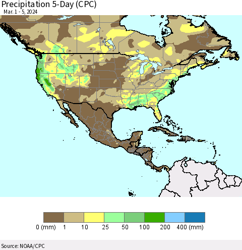 North America Precipitation 5-Day (CPC) Thematic Map For 3/1/2024 - 3/5/2024