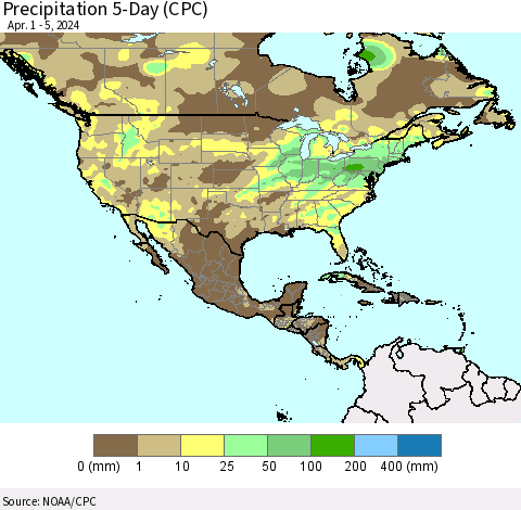 North America Precipitation 5-Day (CPC) Thematic Map For 4/1/2024 - 4/5/2024