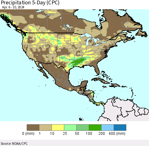 North America Precipitation 5-Day (CPC) Thematic Map For 4/6/2024 - 4/10/2024