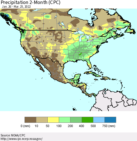 North America Precipitation 2-Month (CPC) Thematic Map For 1/26/2022 - 3/25/2022