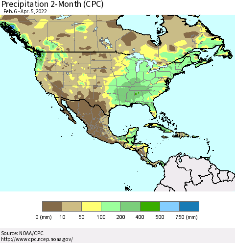 North America Precipitation 2-Month (CPC) Thematic Map For 2/6/2022 - 4/5/2022