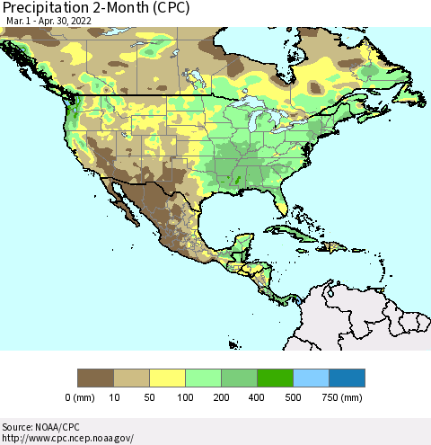 North America Precipitation 2-Month (CPC) Thematic Map For 3/1/2022 - 4/30/2022