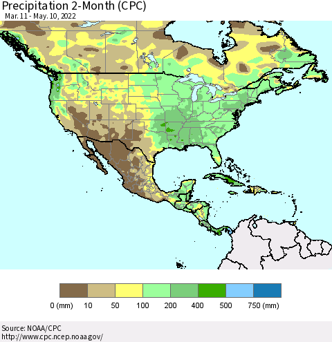 North America Precipitation 2-Month (CPC) Thematic Map For 3/11/2022 - 5/10/2022