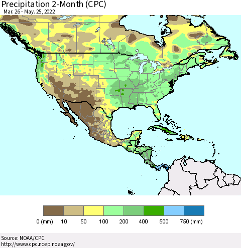 North America Precipitation 2-Month (CPC) Thematic Map For 3/26/2022 - 5/25/2022