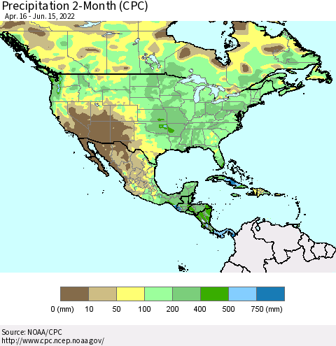 North America Precipitation 2-Month (CPC) Thematic Map For 4/16/2022 - 6/15/2022